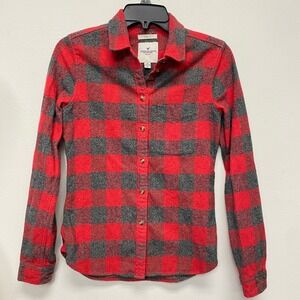 American Eagle Outfitters Womens XS Slim Fit Red Gray Plaid Flannel Shirt